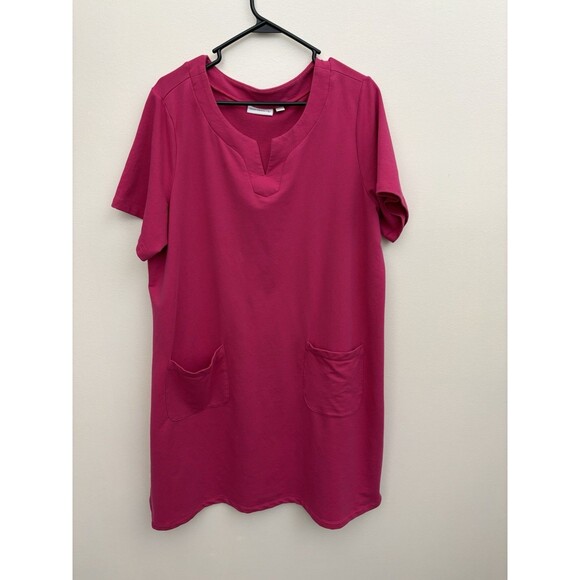 Susan Graver Women’s Shift Dress Pink 1XL Pullover V Neck Short Sleeve Pockets - Picture 2 of 11